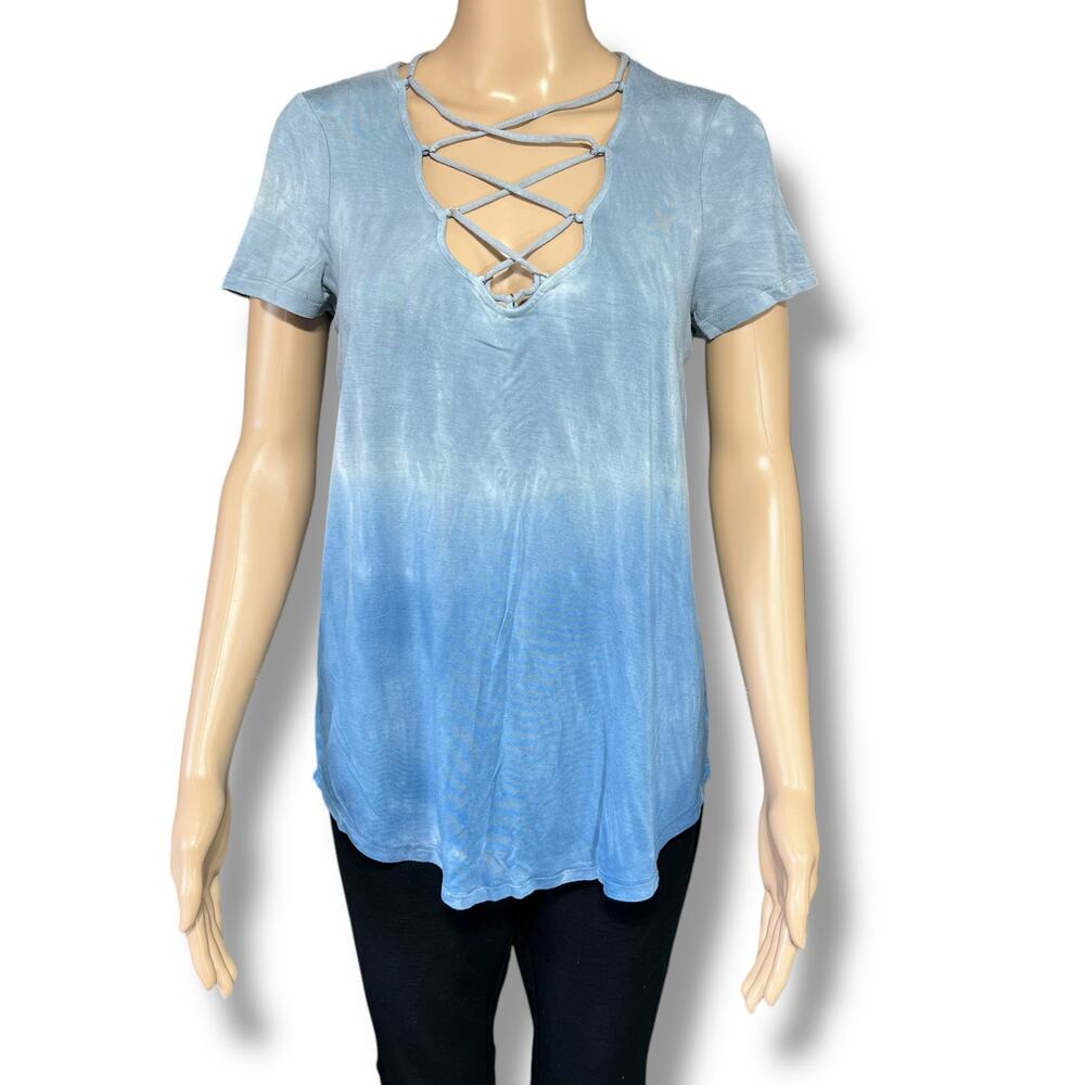 American Eagle Soft & Sexy Lace Up V Neck Longline Ombre Blue Tee Short Sleeve